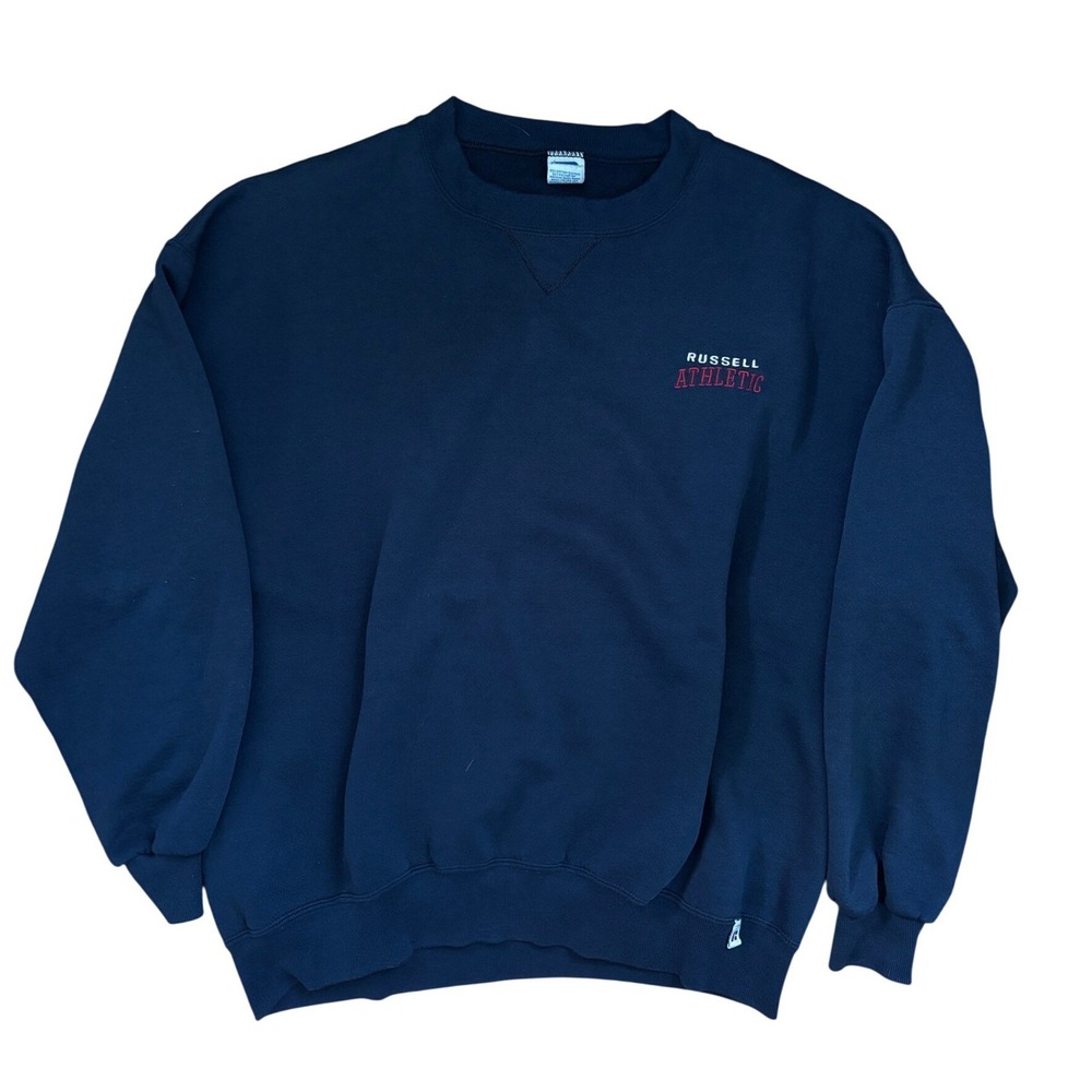 Vintage Russell Athletic Navy Blue Crewneck Sweatshirt Made in USA XXL 90s Logo